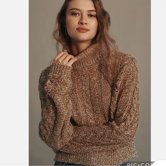 PILCRO Anthropologie Gold Sparkle Turtleneck Cable Knit Crop Sweater Size SM - Picture 3 of 13